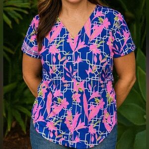 Lulu B Pink Blue Floral Print Short Sleeve V Neck Top Women XL Casual Athletic